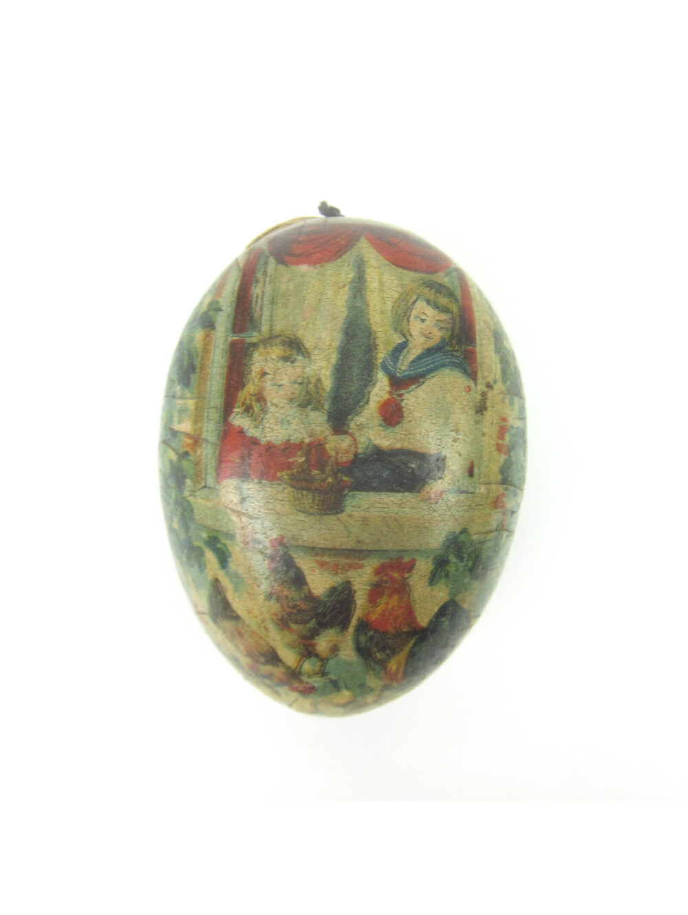 Antique Dresden Paper Mache Easter Egg Candy Container with Rabbit & 5 Egg Toys